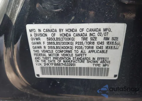 2007 Honda Pilot Ex-L z USA, uszkodzony, nr VIN 2HKYF18687H532951